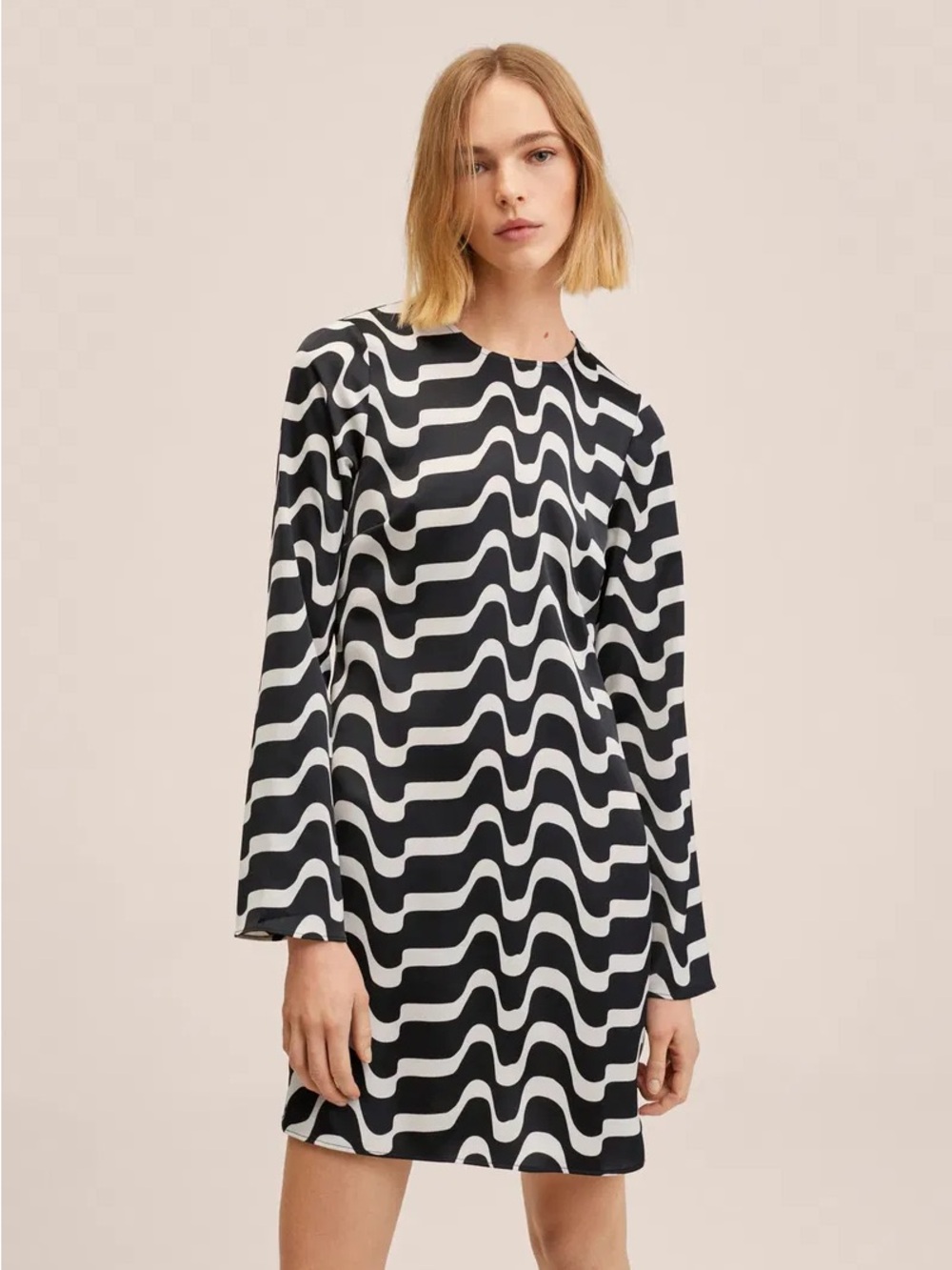 Mango Black and White Wave-Pattern Long-Sleeve Shift Dress